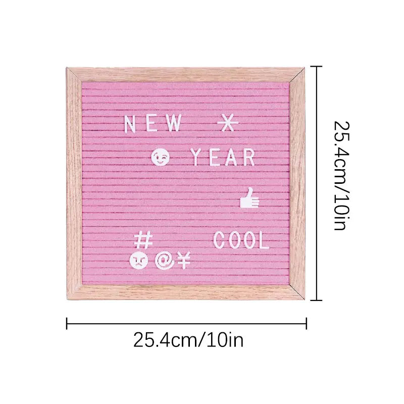 Pink felt letter board with white text and stand, measuring 25.4cm by 25.4cm.