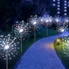 Une rangée de feux d'artifice LED blancs et bleus illuminent un chemin dans un jardin.