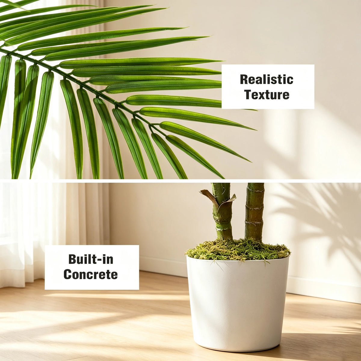 A realistic faux areca palm frond is displayed on a shelf next to a potted plant in a concrete planter.