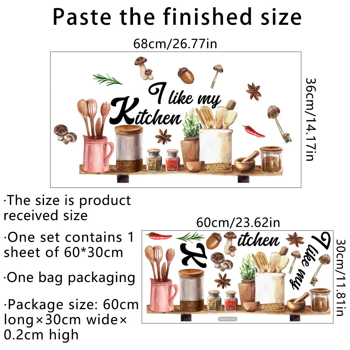 A set of floral wall stickers for a kitchen theme featuring various utensils and spices on a wooden background.