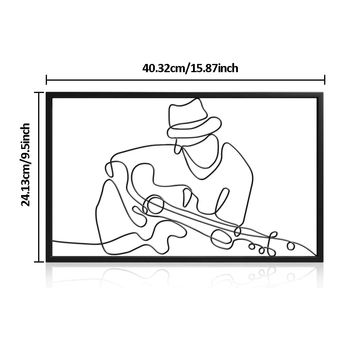 Minimalist abstract face metal wall art featuring a line drawing of a person playing a guitar.