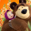 A cute girl and a brown bear are featured in an orange floral backdrop for a birthday party theme.