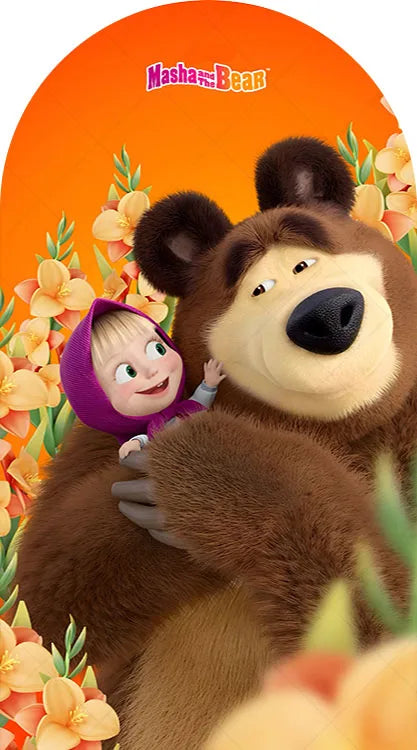 A cute girl and a brown bear are featured in an orange floral backdrop for a birthday party theme.