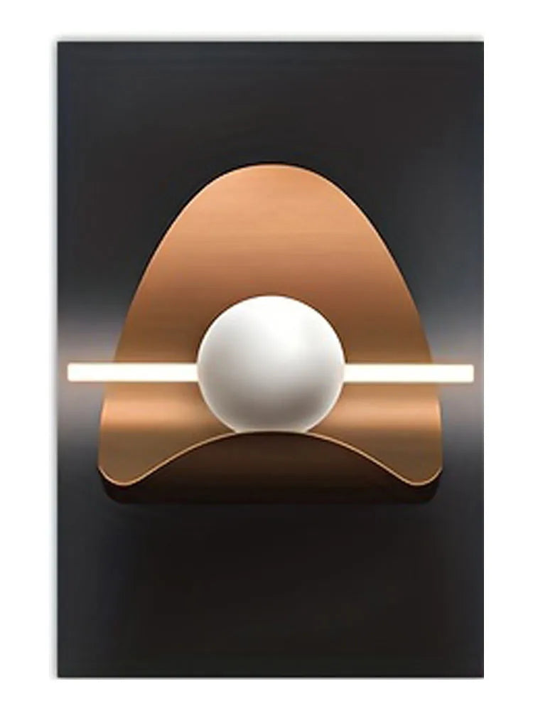 Modern geometric canvas wall art featuring a bronze-colored, curved shape with a white sphere and horizontal bar.