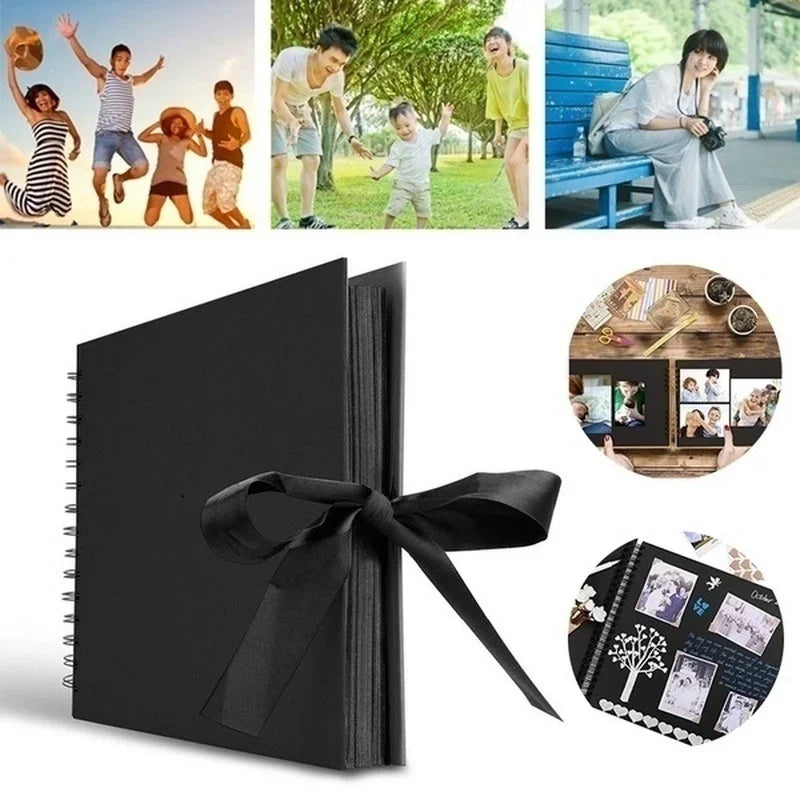 A black premium DIY scrapbook photo album with a ribbon closure and several decorative photo pages.