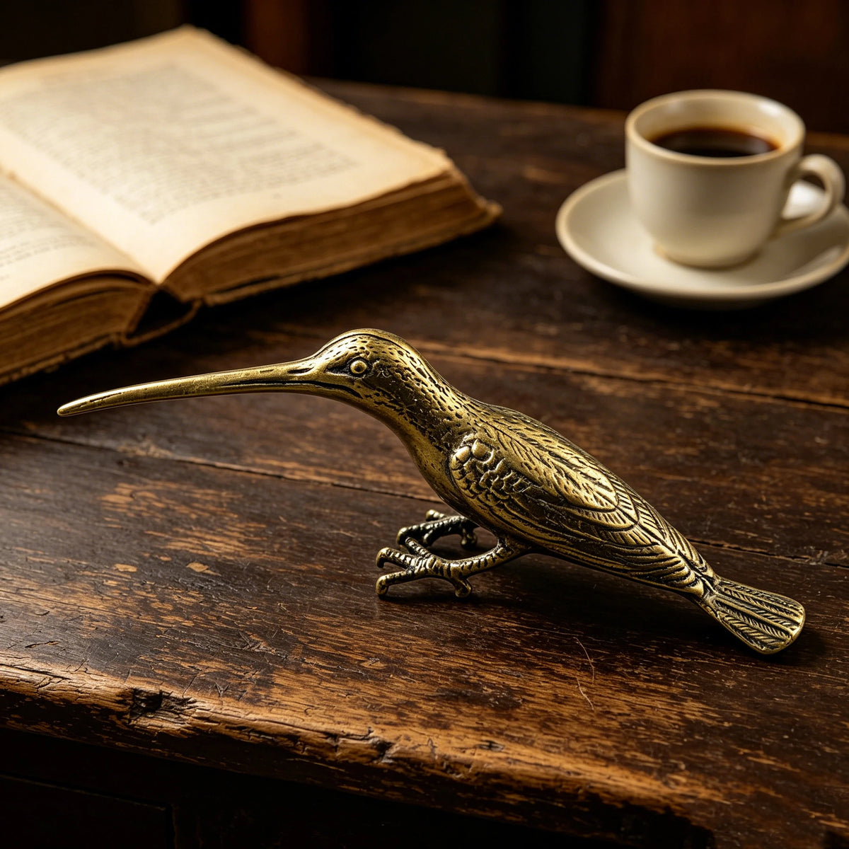 A vintage brass hummingbird statue resting on a dark wooden surface next to a cup and saucer.