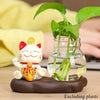 Mini resin desk ornament featuring a green ivy plant and a white lucky cat figurine in a glass vase