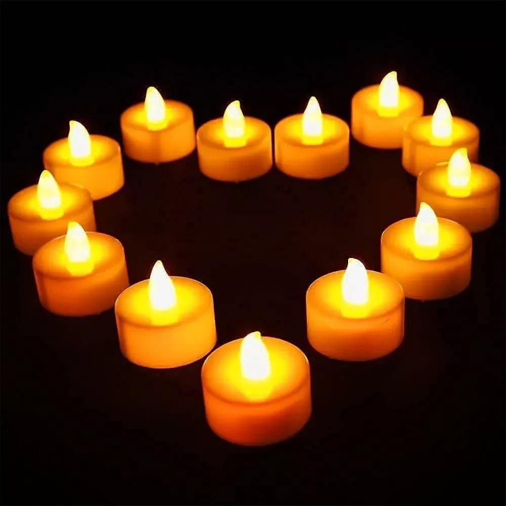 A set of glowing yellow LED tea light candles arranged in a circular pattern against a dark background.