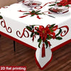 White tablecloth with red poinsettia and holly embroidery design