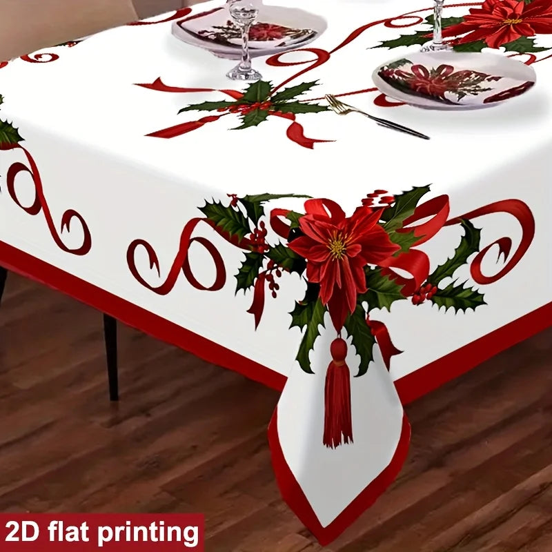 White tablecloth with red poinsettia and holly embroidery design