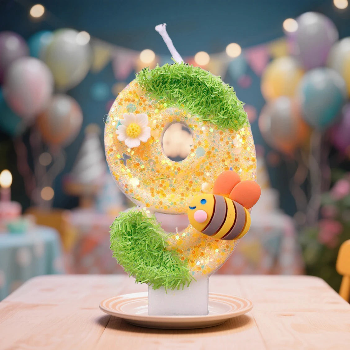 A decorative yellow bee shaped candle with green moss and gold glitter, displayed on a white stand.