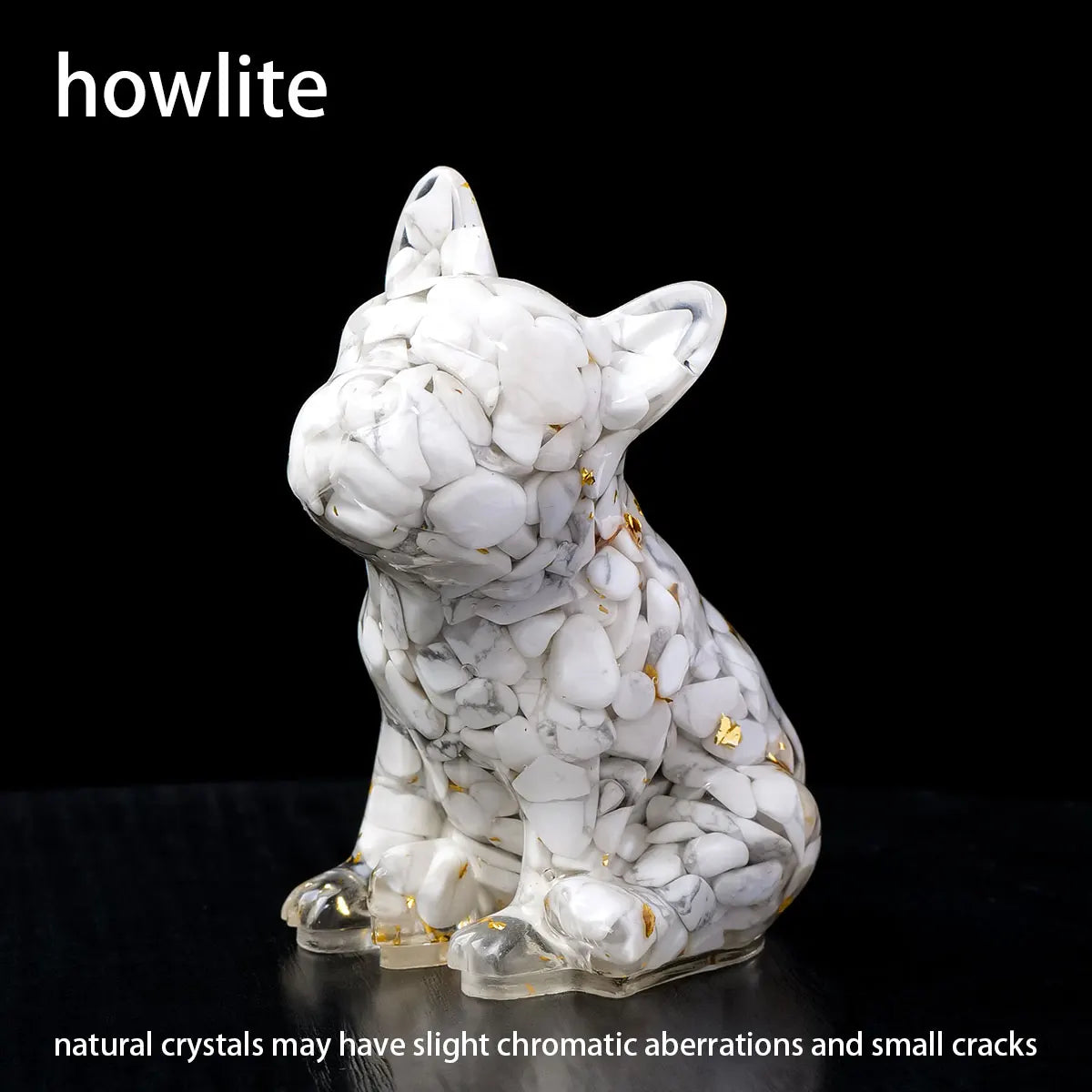 A white natural crystal dog statue in a sitting pose with gold accents.