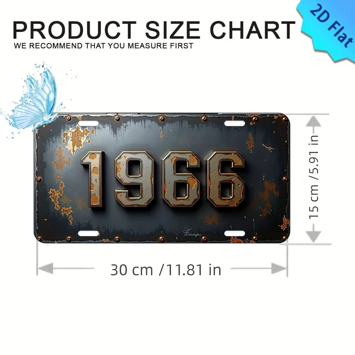 A vintage aluminum license plate tag decor with the year 1966 embossed on a dark metal background.