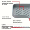 Close-up diagram showing features of a silicone faucet splash guard and drying mat, including raised ridges, high wall, and a