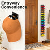 Wall-mounted hat organizer rack displaying various colored hats on a white wall.