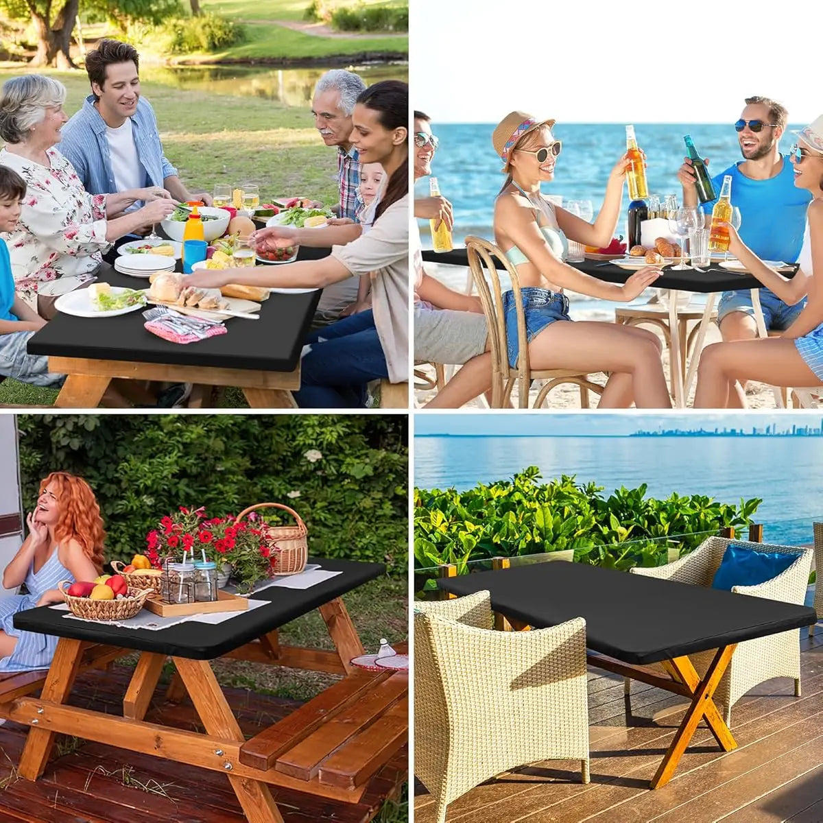 A collection of images showing a stretchy waterproof table cover used on various outdoor folding tables.