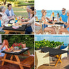A collection of images showing a stretchy waterproof table cover used on various outdoor folding tables.