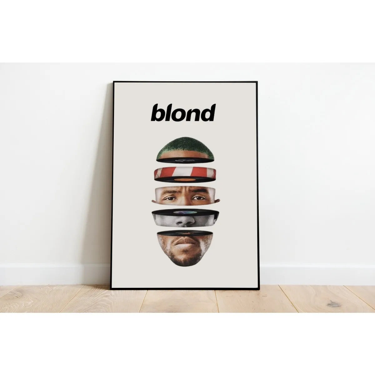 A black and white canvas print featuring the word blond above a series of close-up portraits.