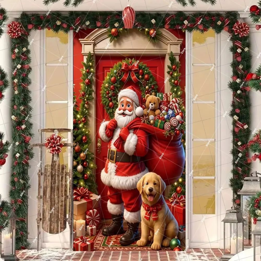 A festive Christmas banner featuring a Santa figure and an elk door design with greenery and ornaments.