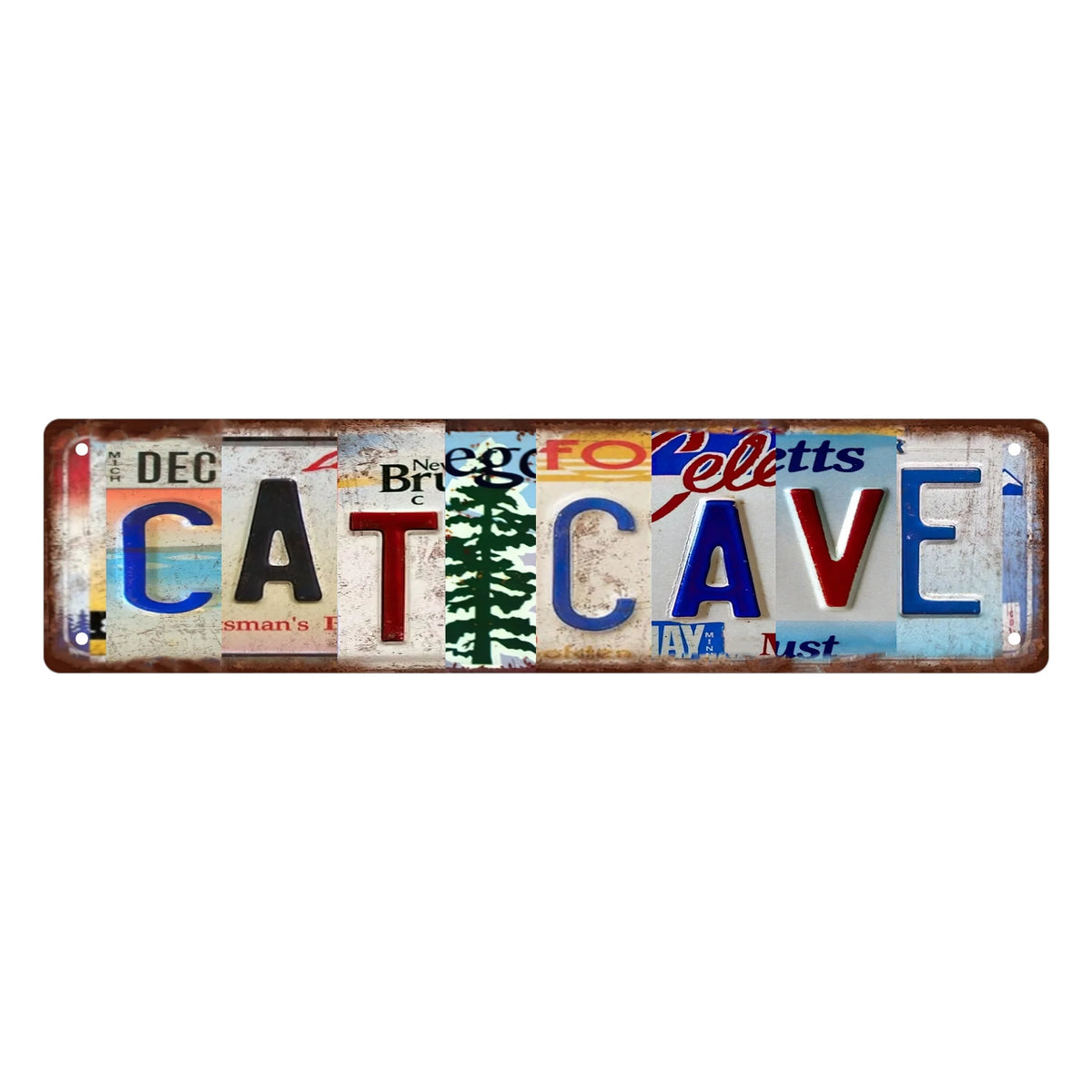 Vintage humorous lowrider metal tin sign with the word CATCAVE carved into it.