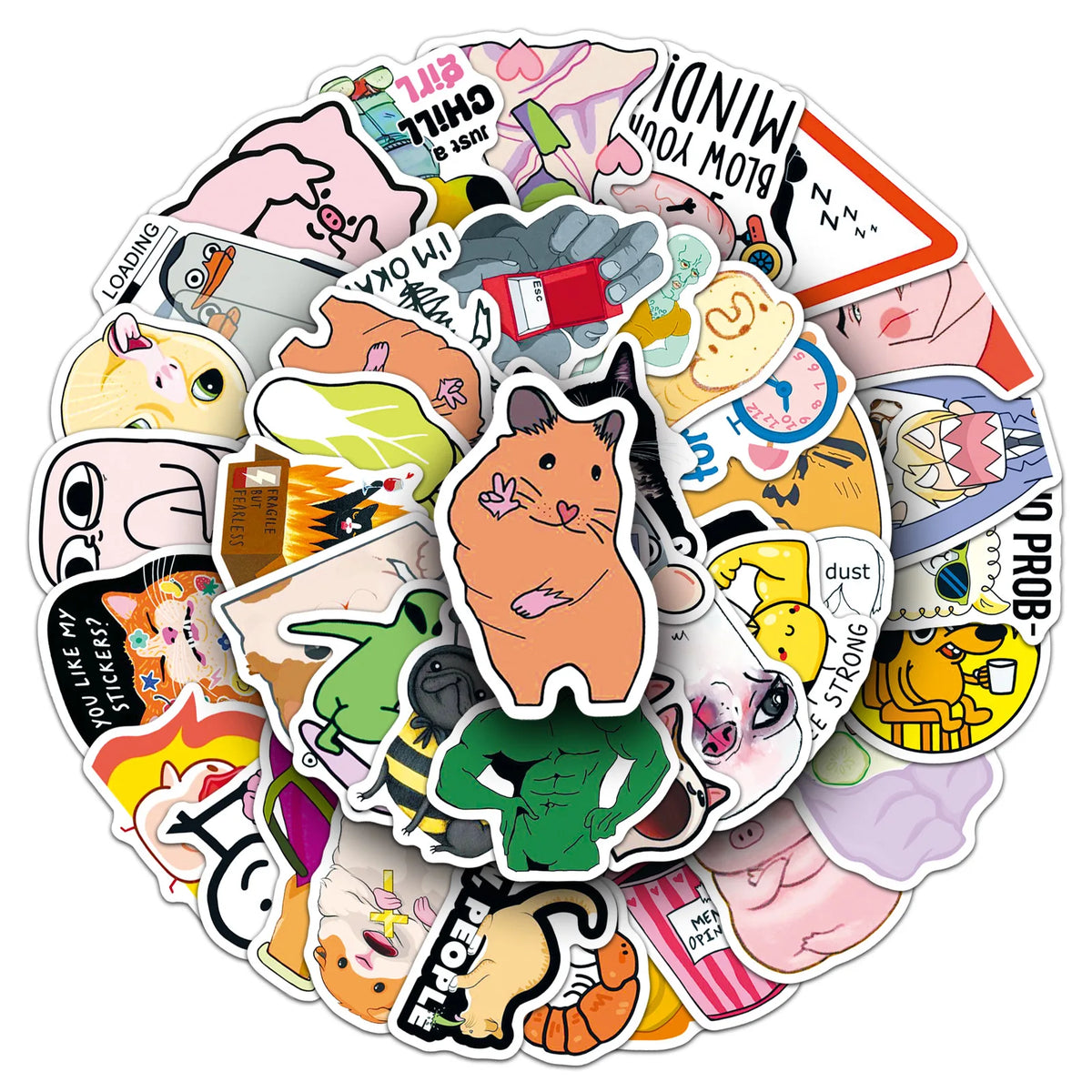 A circular arrangement of 50 funny meme graffiti stickers featuring various animal characters and text.