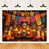 A photo backdrop featuring a colorful Day of the Dead fiesta design with skulls and floral elements.