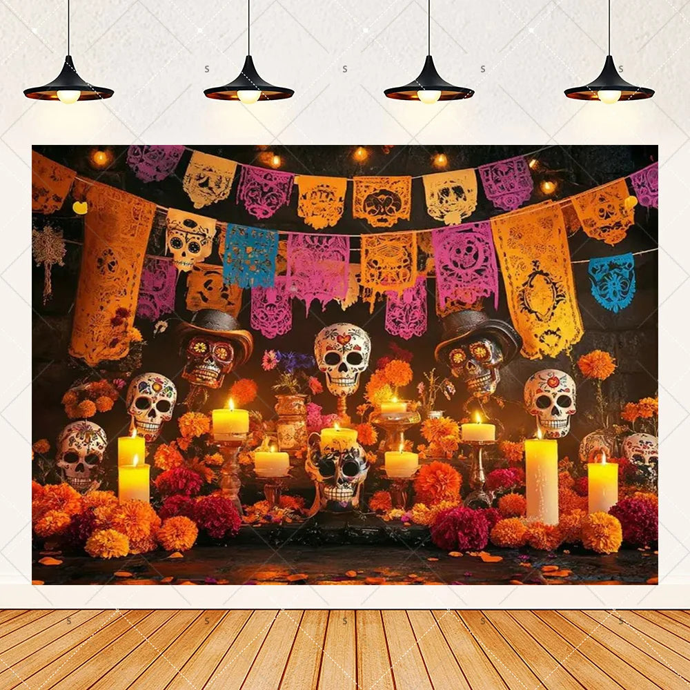 A photo backdrop featuring a colorful Day of the Dead fiesta design with skulls and floral elements.
