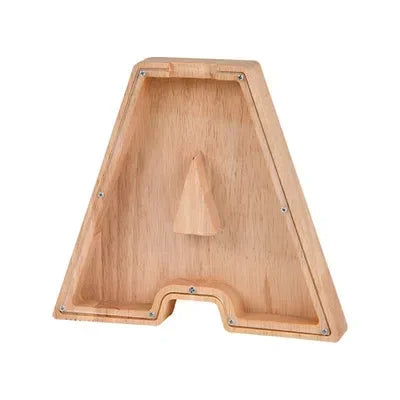 A light wood alphabet shaped piggy bank coin box for kids.