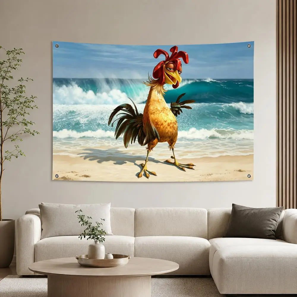 A vibrant tapestry featuring a movie-inspired depiction of a rooster with red comb and green plumage against a blue ocean bac