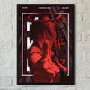 A poster featuring Makima from Chainsaw Man with a red background and a hand gesture.
