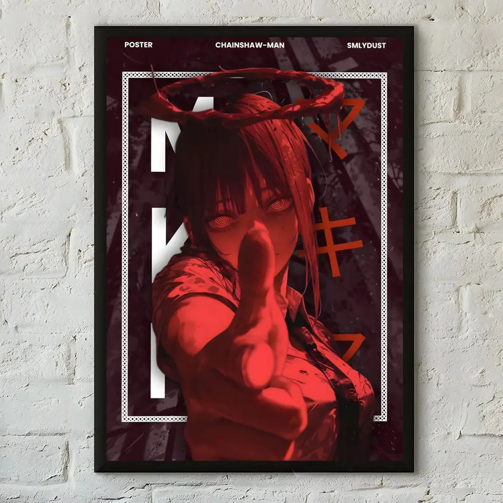 A poster featuring Makima from Chainsaw Man with a red background and a hand gesture.