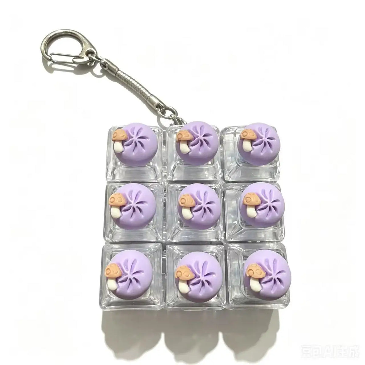 Teclado de plastilina táctil de silicona para dumplings, llavero con detalles morados y blancos.