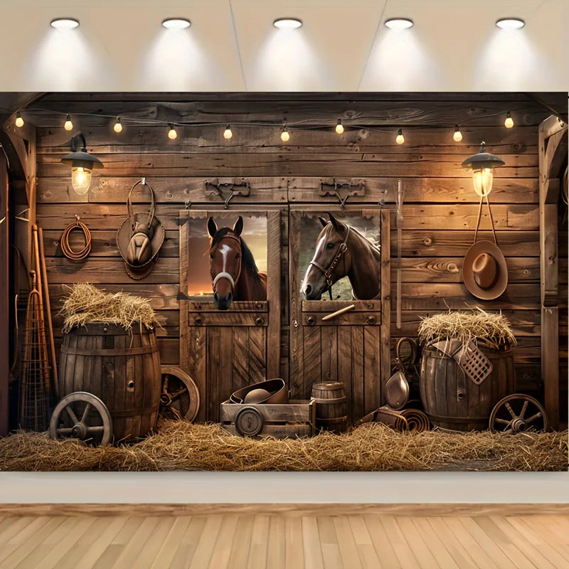 A rustic wooden barn door background featuring antique leather goods, hay bales, and vintage tools.