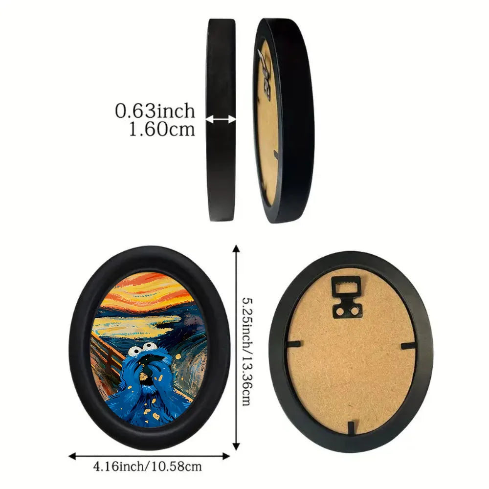A black oval wooden picture frame with a clear glass cover and a cork backing.