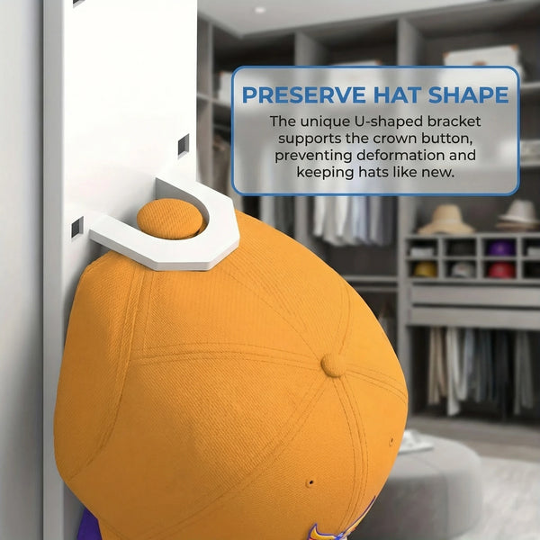 A yellow hat is displayed on a white wall-mounted organizer rack designed to preserve its shape.