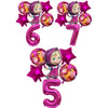 A set of six foil balloons shaped like the number 7 and the number 5, featuring Masha and the Bear characters.
