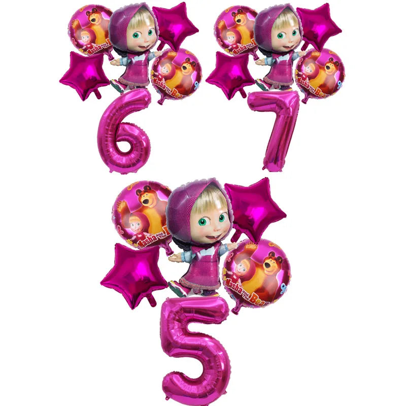 A set of six foil balloons shaped like the number 7 and the number 5, featuring Masha and the Bear characters.