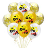 A bunch of yellow and gold latex balloons featuring construction tractors and excavators