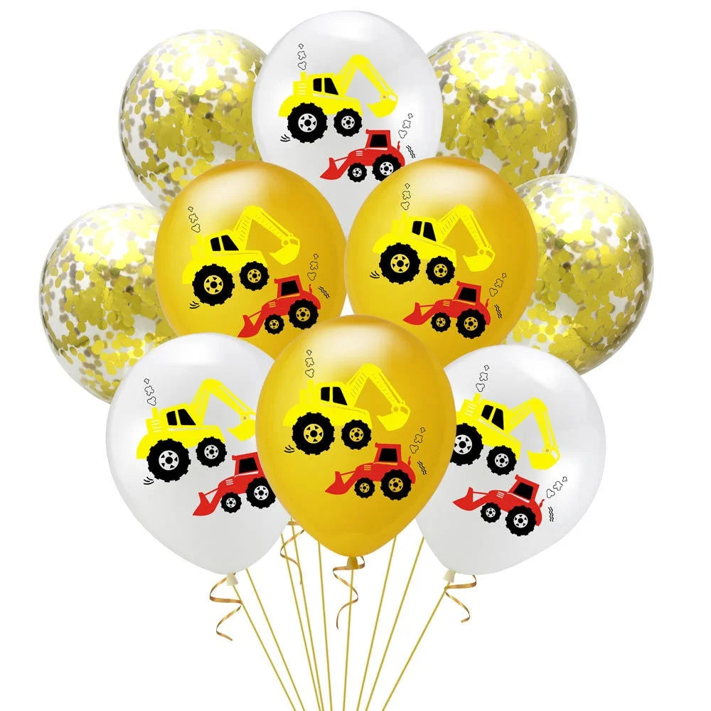 A bunch of yellow and gold latex balloons featuring construction tractors and excavators