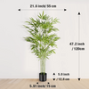 Artificial bamboo tree in a black pot shown against a white wall with dimensions provided.