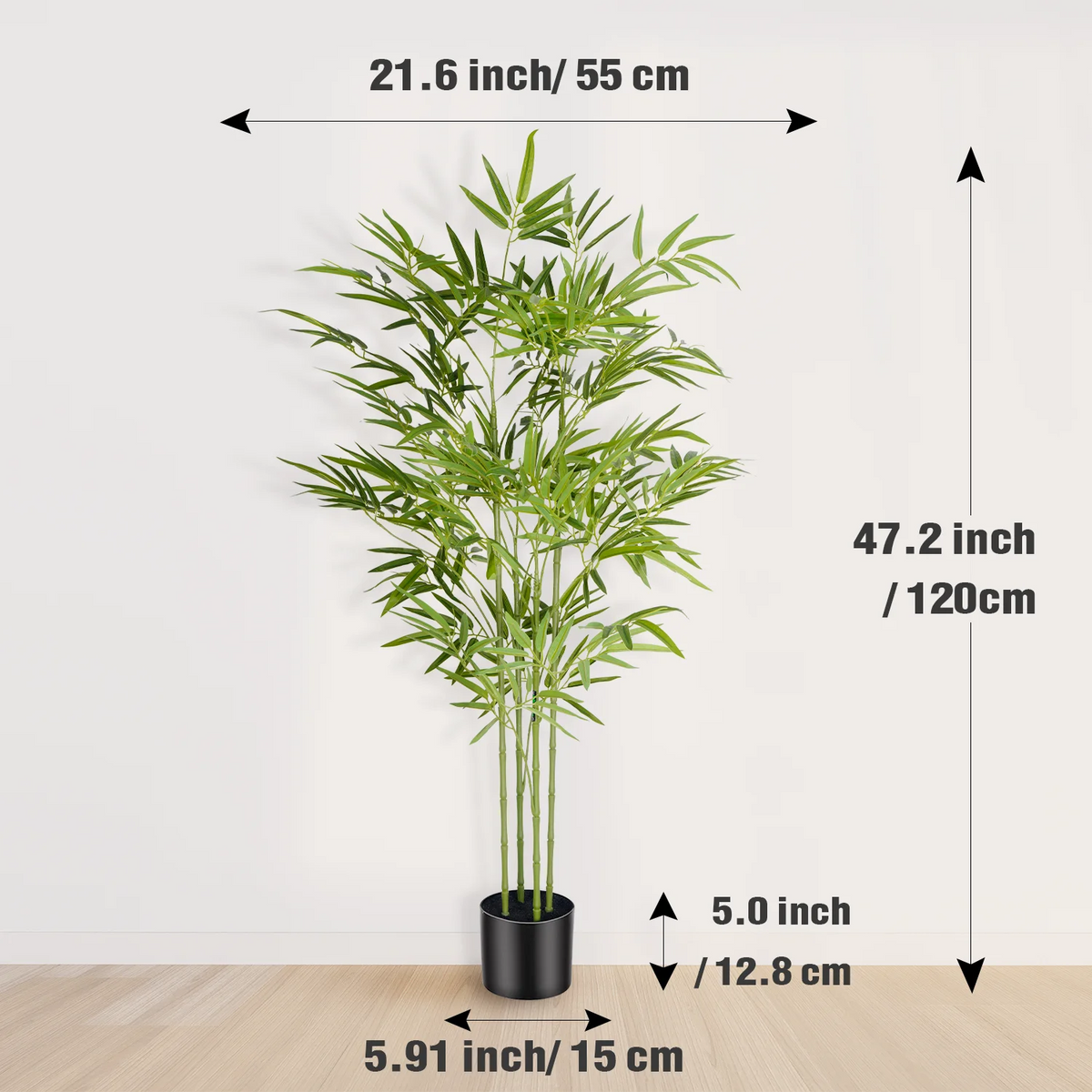 Artificial bamboo tree in a black pot shown against a white wall with dimensions provided.