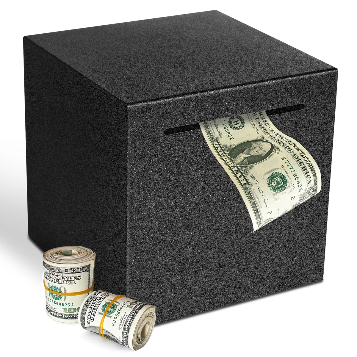 A black decorative metal piggy bank with a slot for coins and bills, showing US currency inside.