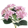 A bouquet of pink artificial hydrangea flowers with green leaves.