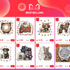 A grid of nine cat-shaped wooden jigsaw puzzles with various designs and colors, showing different puzzle pieces.
