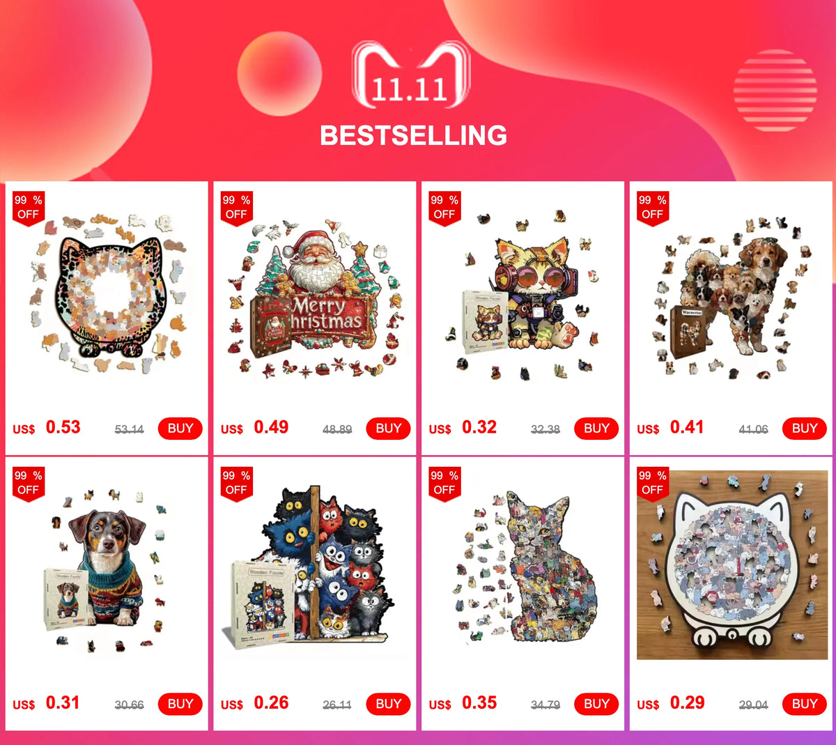 A grid of nine cat-shaped wooden jigsaw puzzles with various designs and colors, showing different puzzle pieces.