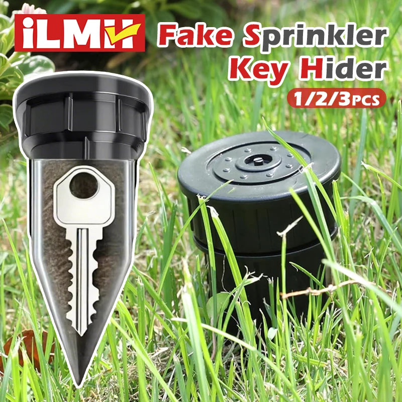 A realistic watering can key hider device shown next to a key, placed in outdoor grass.