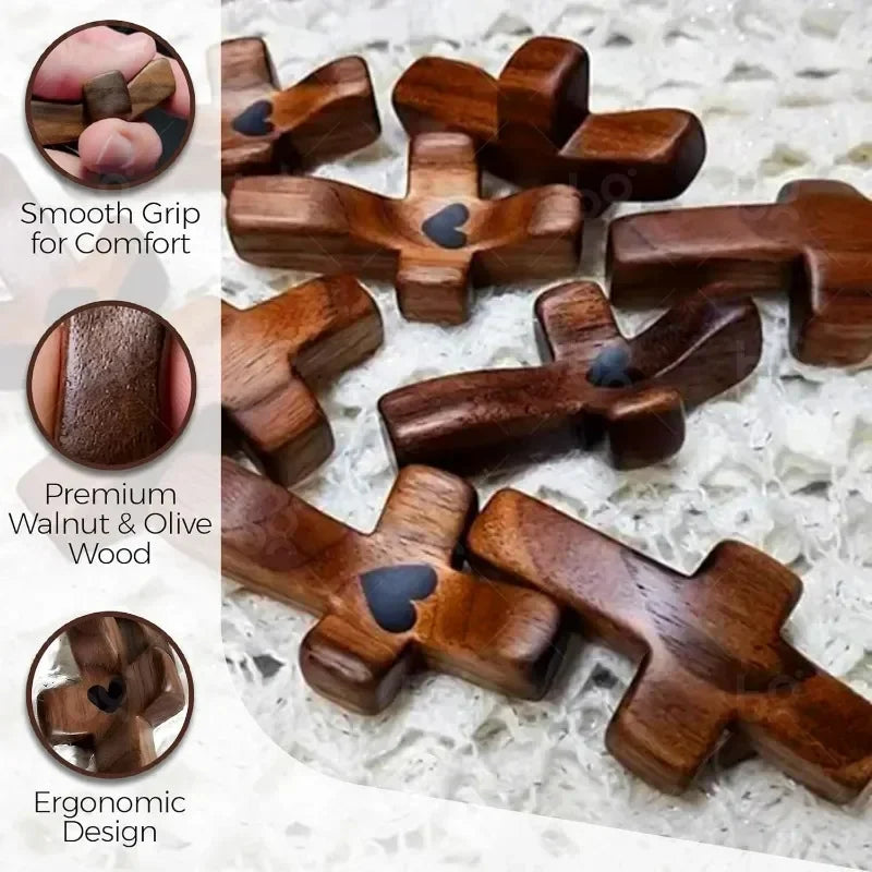 A set of wooden pocket crosses made from walnut and olive wood with an ergonomic design.