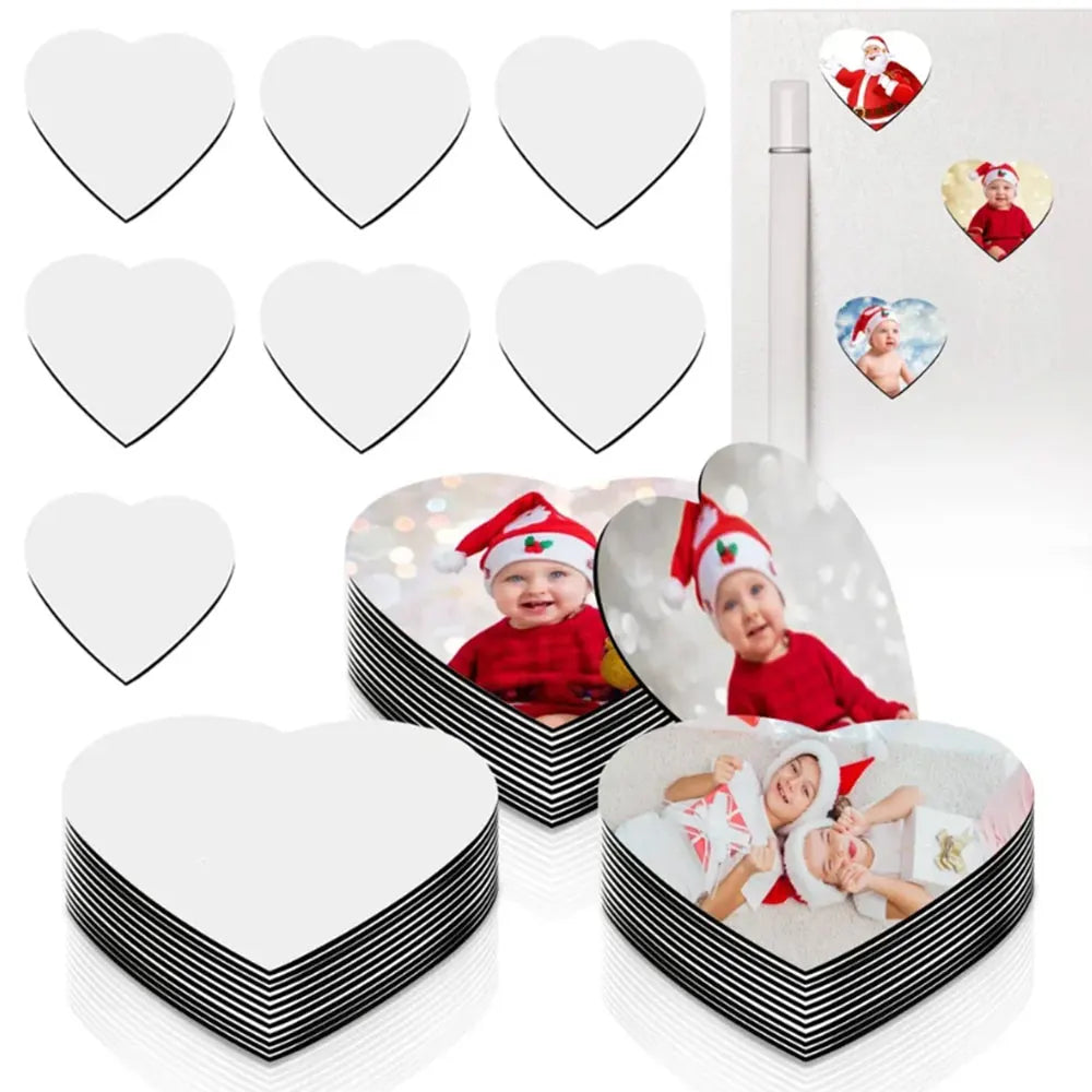A set of ten heart-shaped sublimation blank fridge magnets with various custom designs and a vertical bottle magnet.