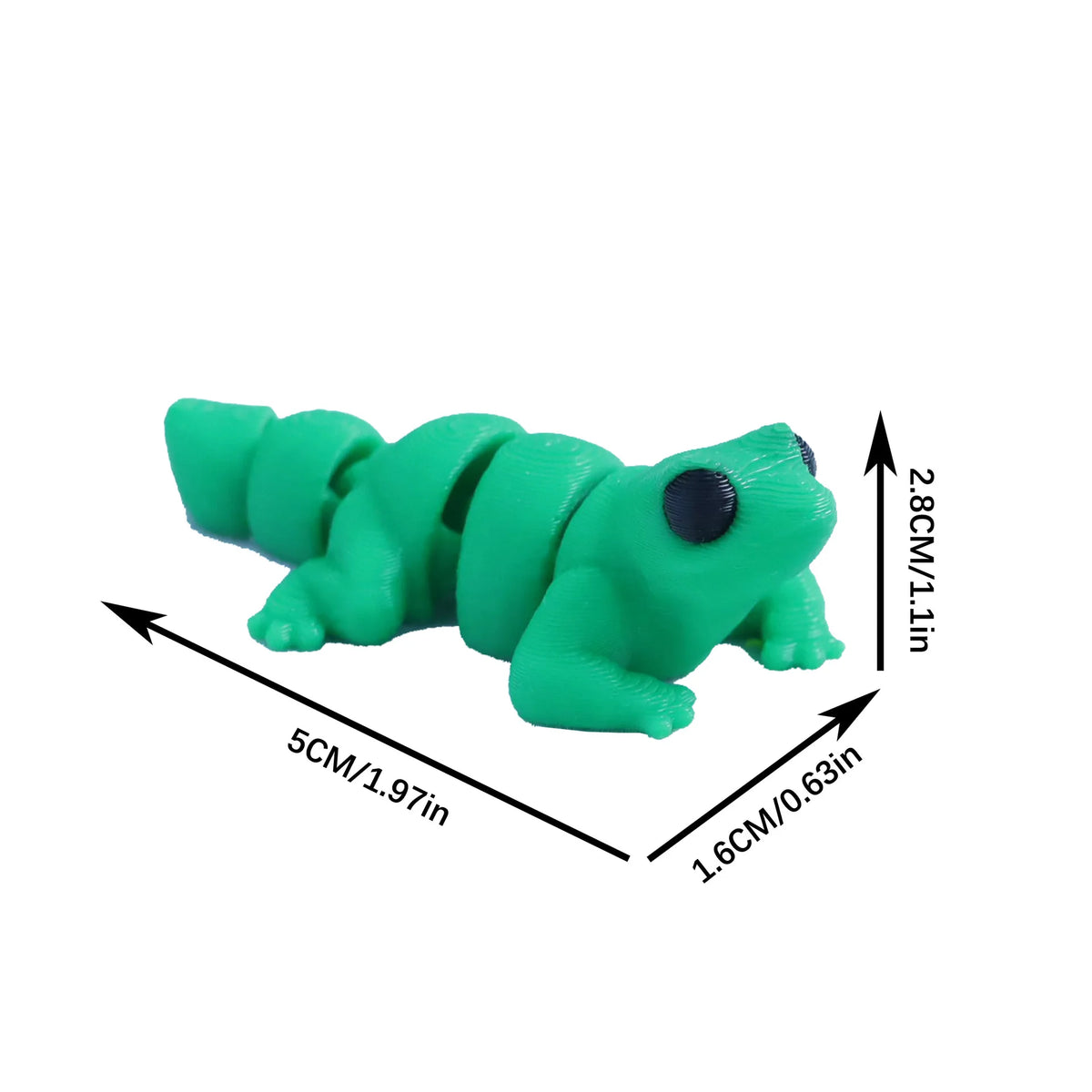 A bright green 3D printed cartoon animal figurine with large eyes, shown from the side and top view.