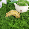 A piece of textured yellow artificial moss rests on bright green faux moss with a white teapot and a succulent plant in the b